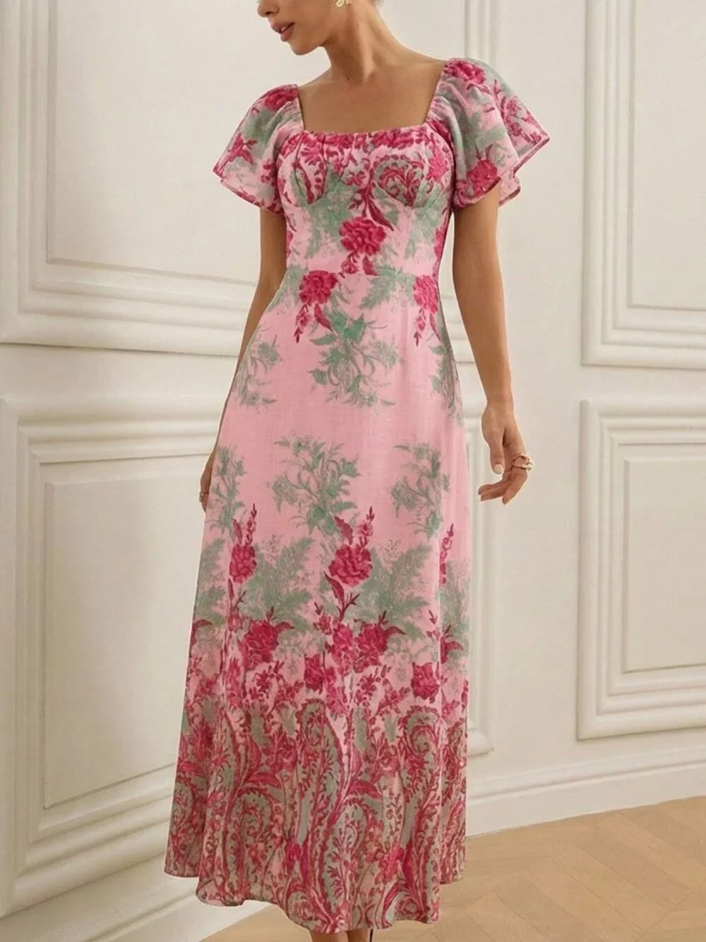 Pink Elegant Women's Floral Print maxi Dress - Picture 3 of 6